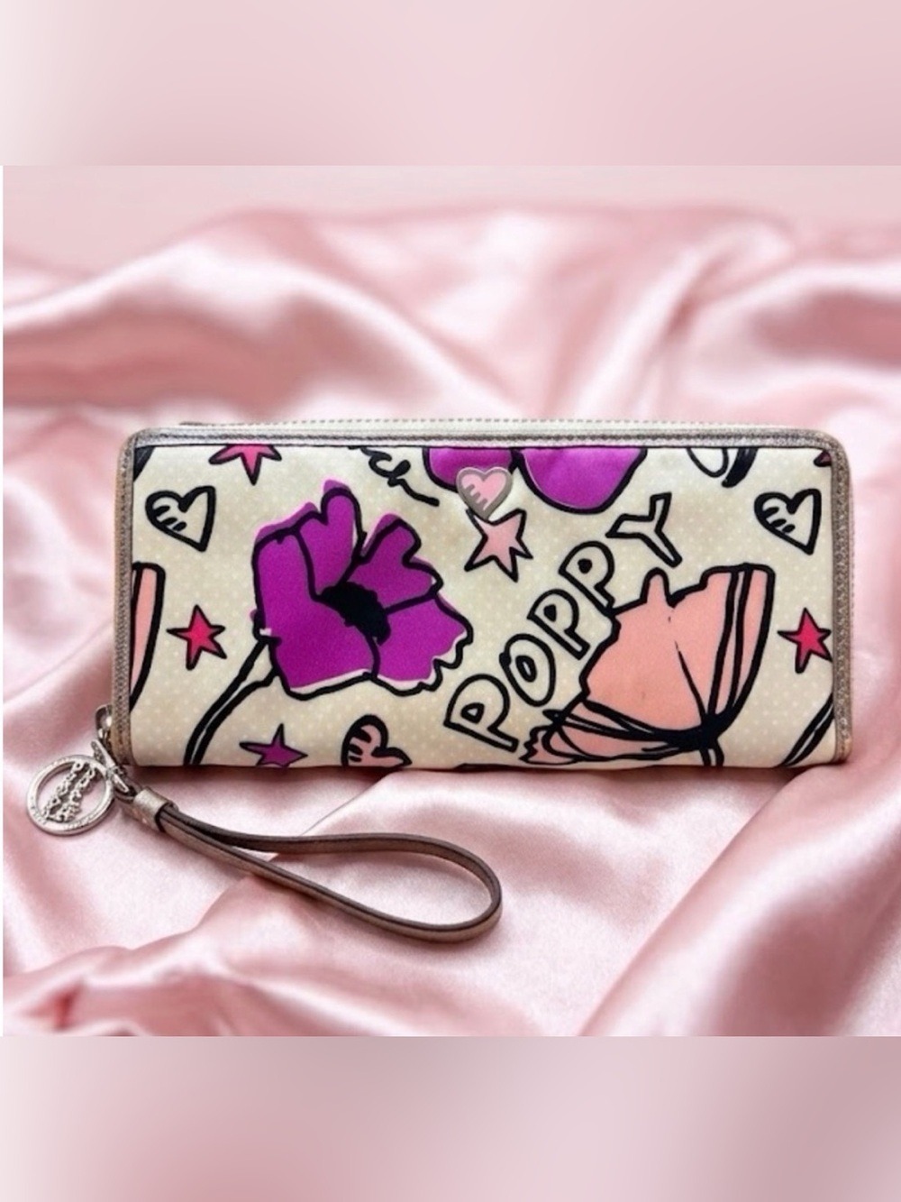 Coach Poppy Kyra Graffiti Floral Zip Around Wristlet Wallet Beige Pink YTK